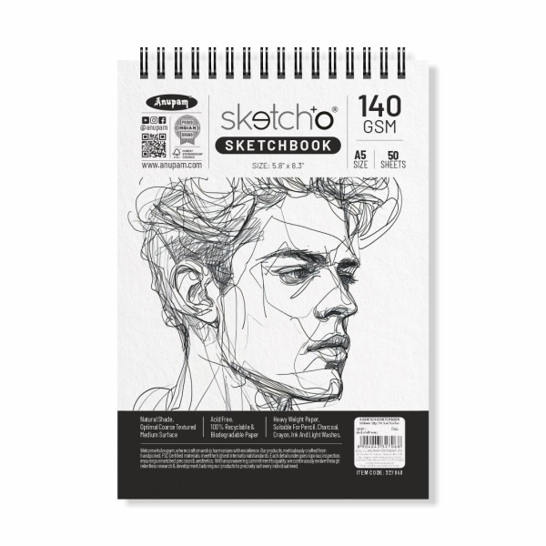 Anupam Sketch-O Sketchbook A5 | 50 Sheet 100 Pages | 140GSM | Durable Acid Free Drawing Paper |Top Spiral-Bound Sketchpad for Artists Kids & Professionals for Marker Colored Pencil Charcoal